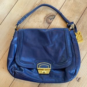 Joelle Hawkens leather shoulder bag flap twist lock blue purple